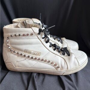 GGDB-SLIDE White Leather Studded High-Top Sneakers Golden Goose Slide - READ